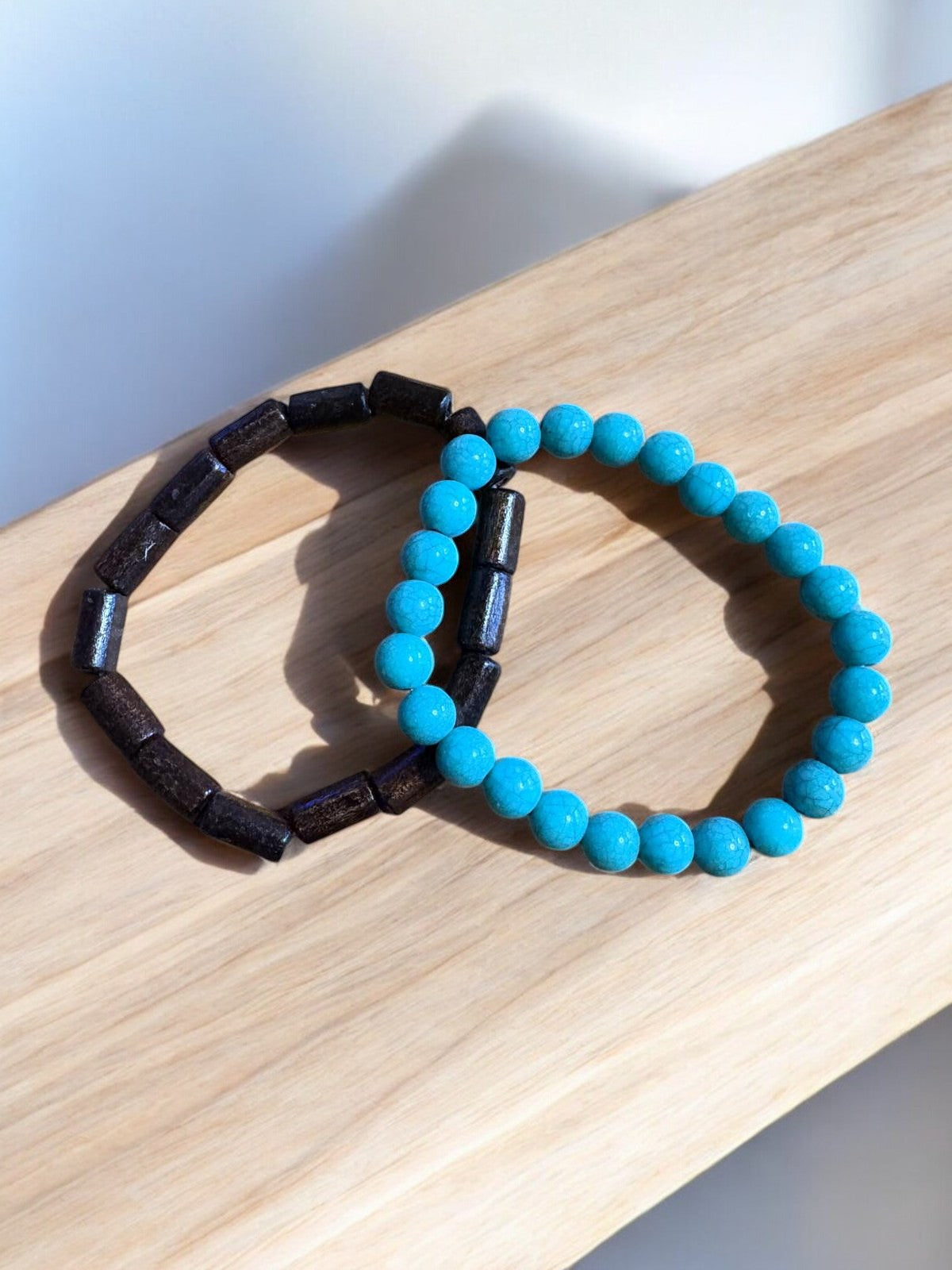 🌊 Desert Sky Armbandenset – Turkoois & Donkerhout