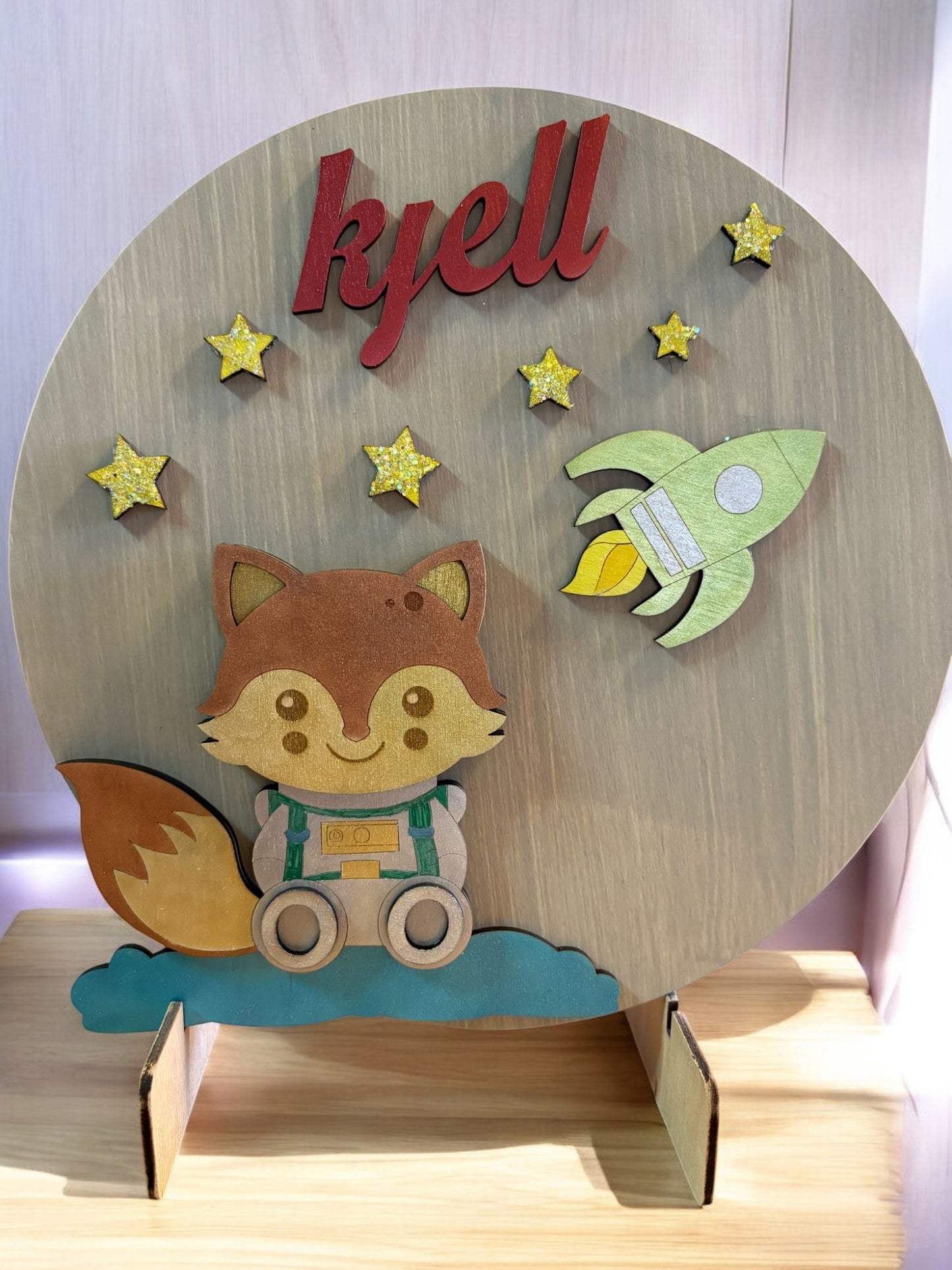 Gepersonaliseerd Houten Naambord Vos met Ruimtemotief