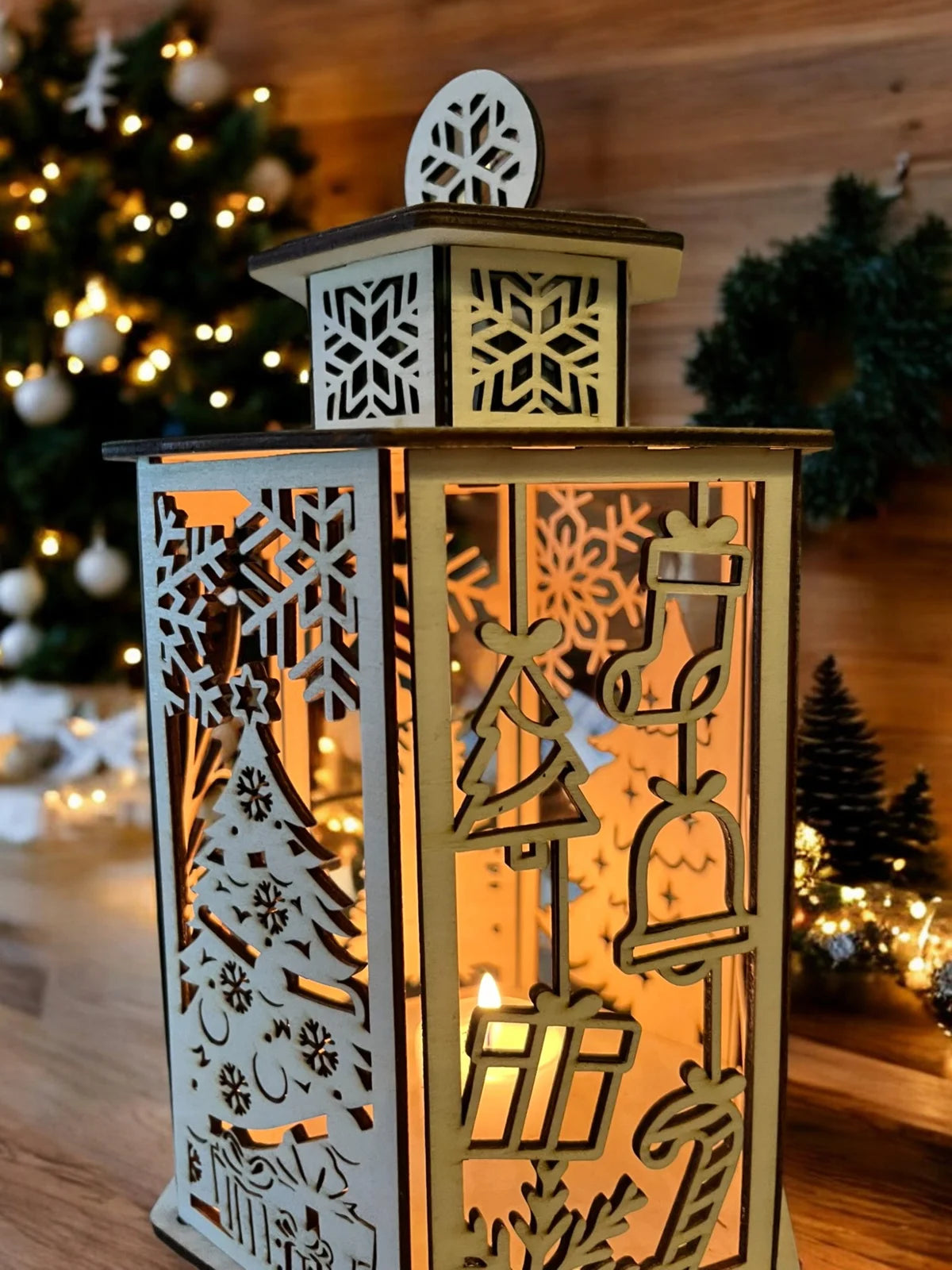 🕯️ Houten Kerstlantaarn met Sfeerverlichting ✨