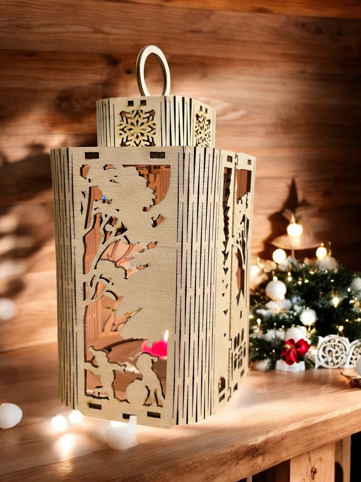 🕯️ Houten Kerstlantaarn “Winterwonderland” – Met Speelende Kinderen 🎄
