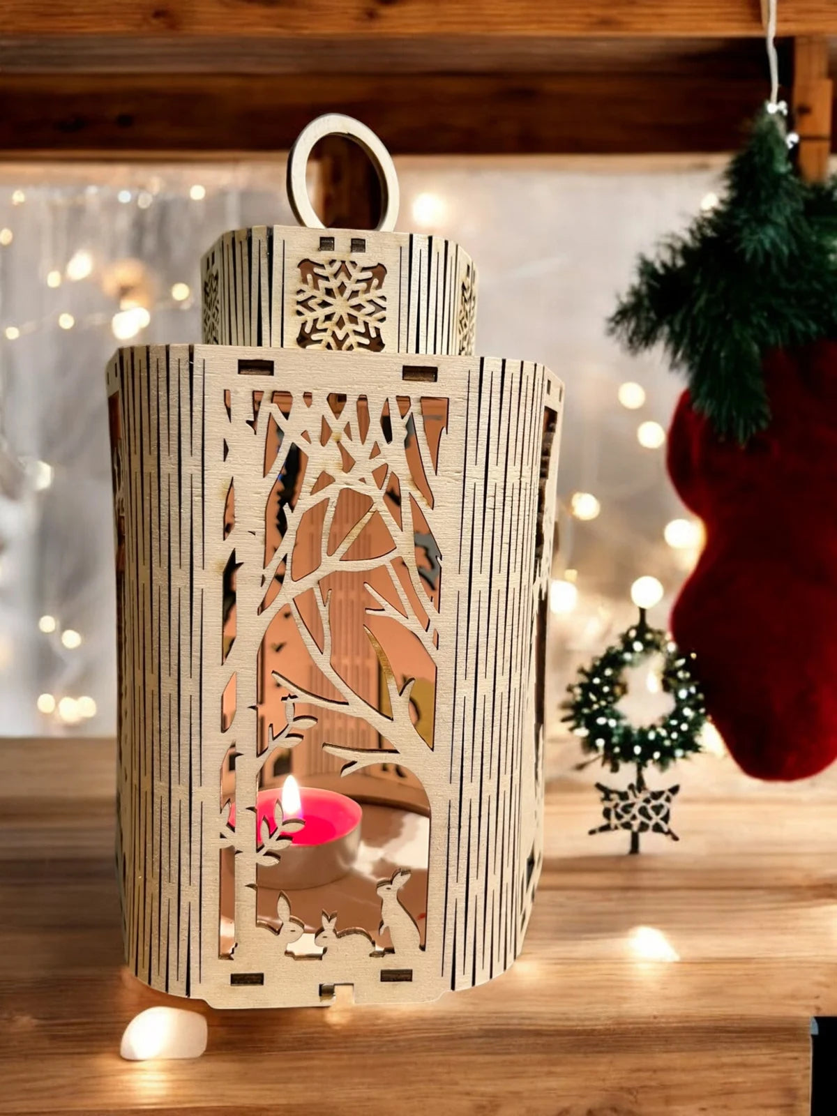 🕯️ Houten Kerstlantaarn “Winterwonderland” – Met Speelende Kinderen 🎄