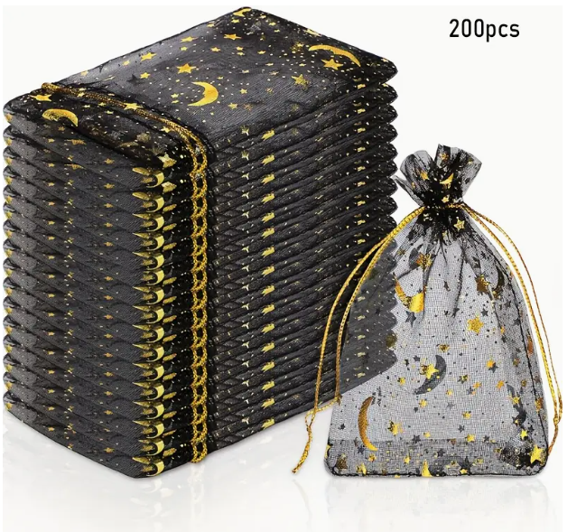 Zwart of Wit Metallisch Folie Doorzichtige Organza Zakjes met Twijn Sluitingen, Astrologie Themed Stoffen Geschenkzakjes