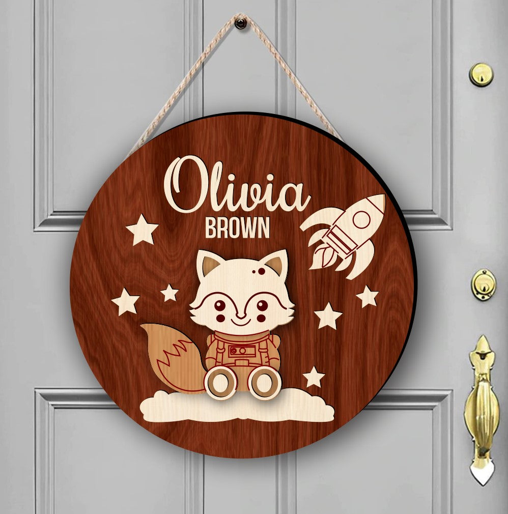 Gepersonaliseerd Houten Naambord Vos met Ruimtemotief