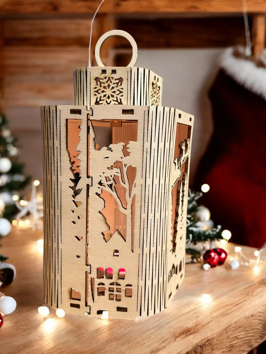 🕯️ Houten Kerstlantaarn “Winterwonderland” – Met Speelende Kinderen 🎄