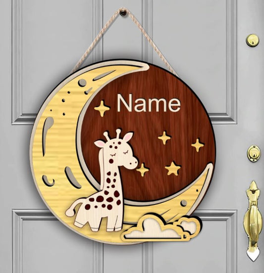 Persoonlijk Houten Naambordje Giraffe op Maan