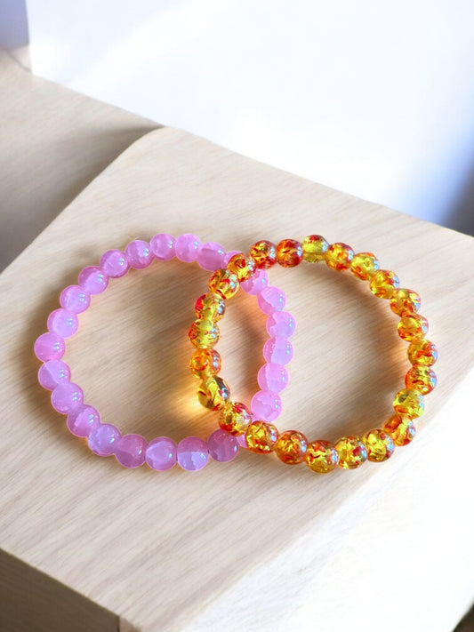 🔥 Sunset Glow Armbandenset – Roze & Vuurglas Duo