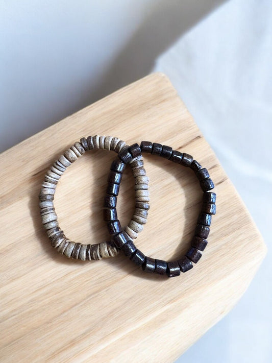 🪨 Desert Stone Armbandenset – Naturel & Donkerhout