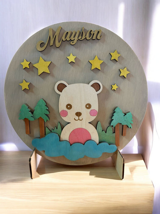 Houten naambord kinderkamer – Beertje met sterren