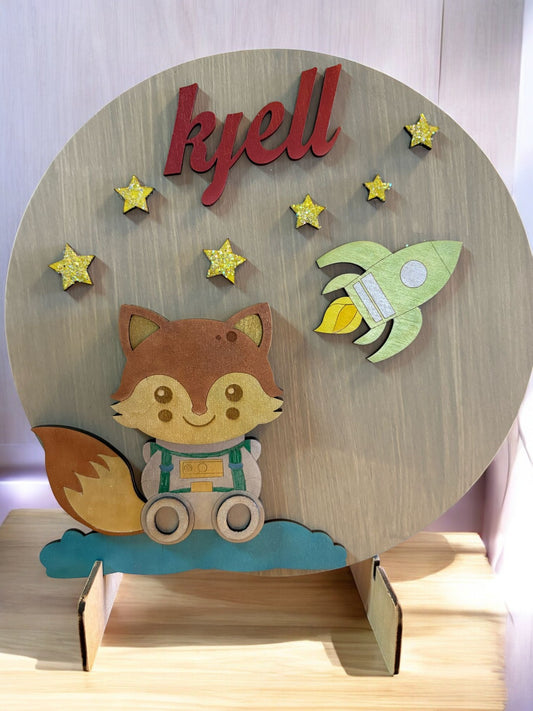 Gepersonaliseerd Houten Naambord Vos met Ruimtemotief