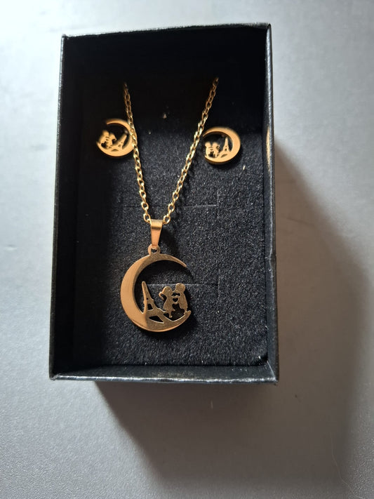 🌙 Maanliefde in Parijs – Kinderset Ketting & Oorringen 🗼💛