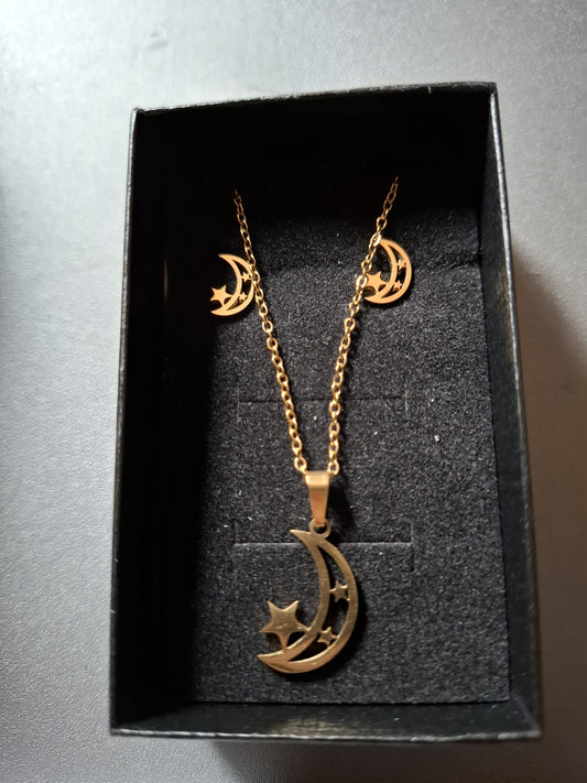🌙 Sterrennacht – Kinder Ketting & Oorbellen Set  met sieradendoosje✨💫