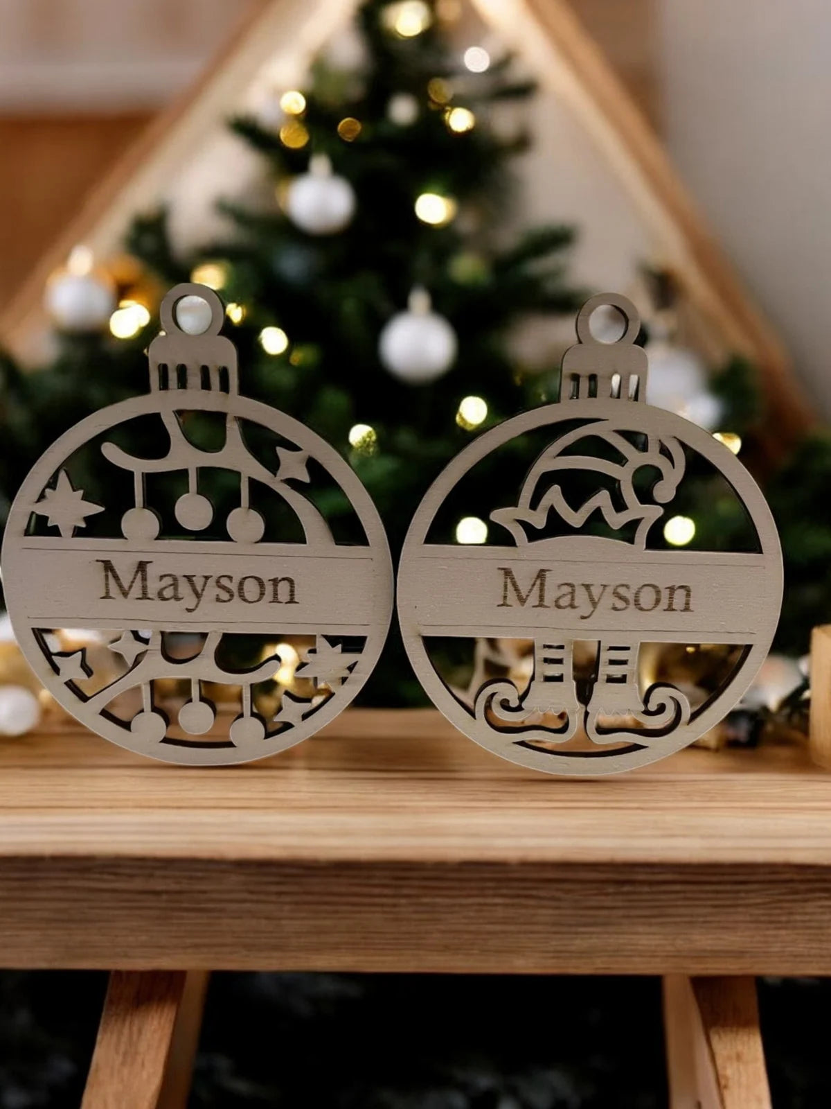 🎄 Houten Kerstbal met Naam – Gepersonaliseerde Kerstdecoratie ✨