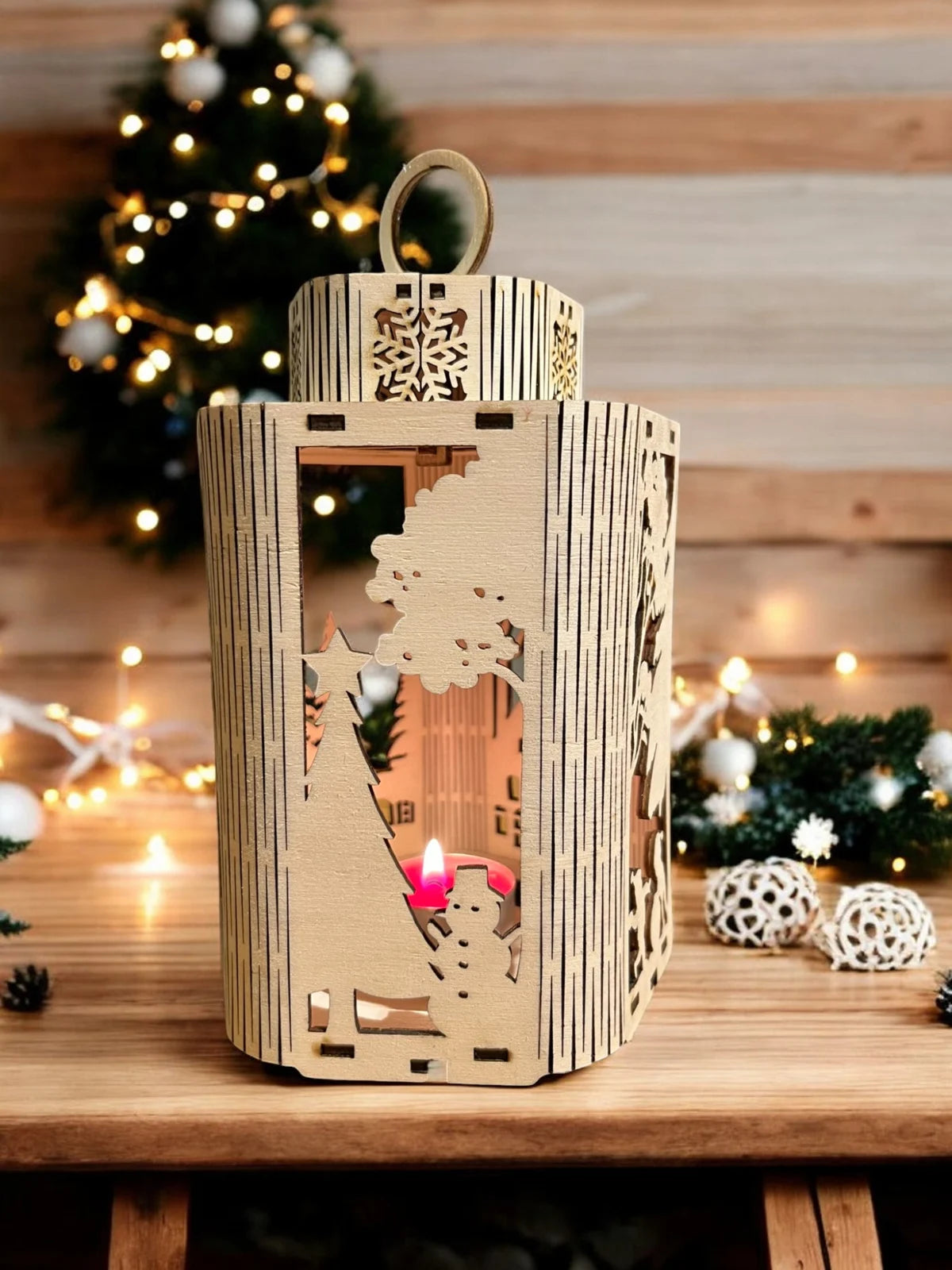 🕯️ Houten Kerstlantaarn “Winterwonderland” – Met Speelende Kinderen 🎄