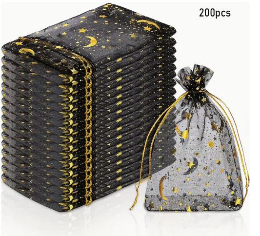 Zwart of Wit Metallisch Folie Doorzichtige Organza Zakjes met Twijn Sluitingen, Astrologie Themed Stoffen Geschenkzakjes