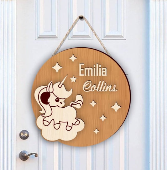 Gepersonaliseerd Houten Deurbord – Eenhoorn