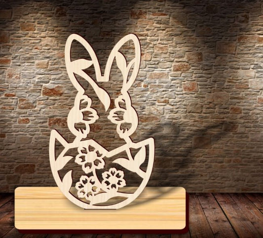 🌸 Houten Paasdecoratie – Konijn uit Ei met Bloemen